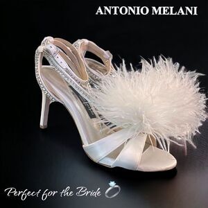 ❤️💗❤️ Antonio Melani AURORA Feathered Dress Sandal Rhinestones Ankle Wrap Strap